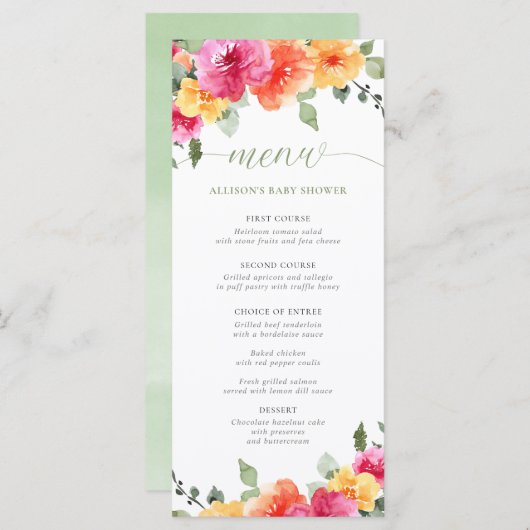 明るいフローラホットピンクのオレンジ色の赤ちゃんシャワーメニュー プログラム (正面/裏面)