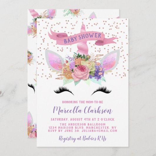 明るいフローラユニコーンベビーシャワー 招待状 (正面/裏面)