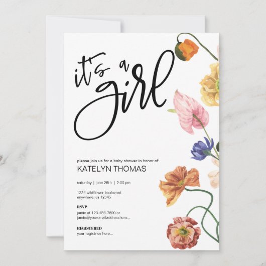 明るいフローラワイルドフラワーベビーシャワー招待状 招待状 (正面)