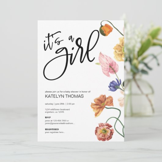 明るいフローラワイルドフラワーベビーシャワー招待状 招待状 (スタンド正面)