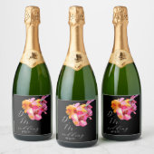 明るいフローラ水色モノグラムブラック結婚ズ スパークリングワインラベル (ボトル)