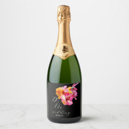 明るいフローラ水色モノグラムブラック結婚ズ スパークリングワインラベル