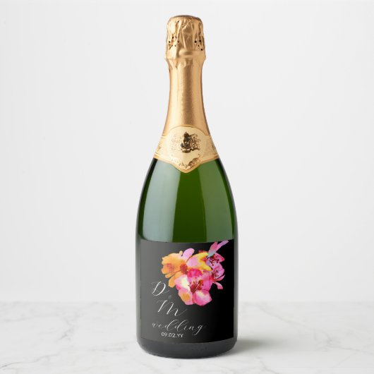 明るいフローラ水色モノグラムブラック結婚ズ スパークリングワインラベル (正面)