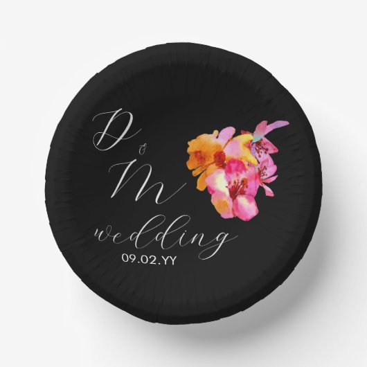 明るいフローラ水色モノグラムブラック結婚ズ ペーパーボウル (正面)