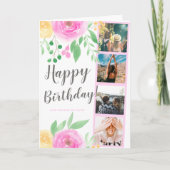 明るいフローラ水色4フォトグリッド誕生日 カード (正面)