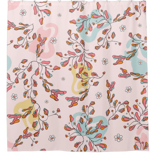 明るいフローラ隠し猫パターン、ピンクのベース シャワーカーテン (正面)