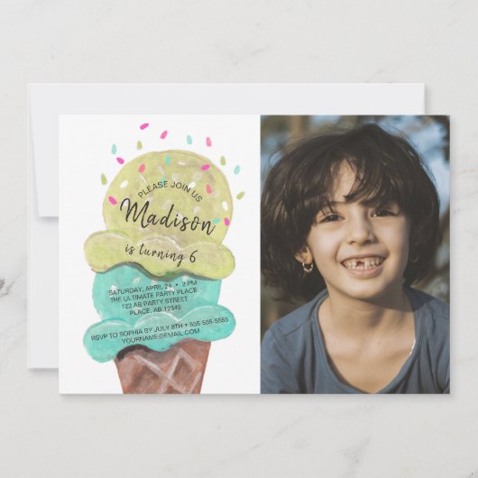 明るいブルーアイスクリーム誕生日パーティーの写真 招待状 (正面)