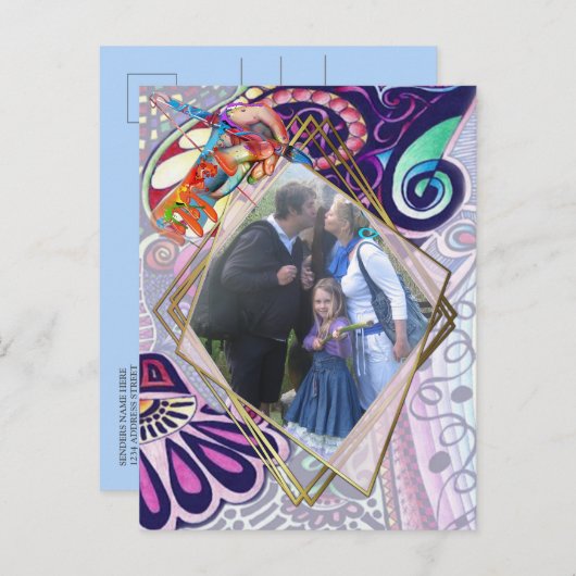 明るいブルーアーティストパーティードードルクリエーション 案内ポストカード (正面/裏面)