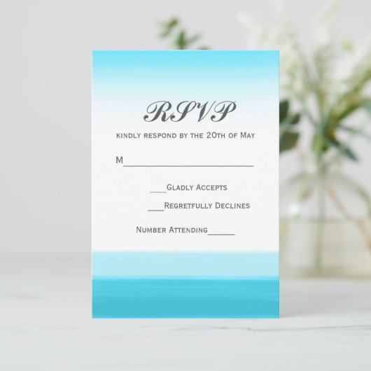 明るいブルーウォーターカラーウェディングRSVPカード 出欠カード (スタンド正面)