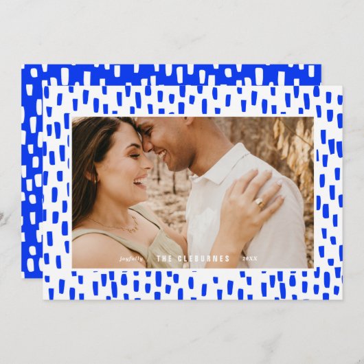 明るいブルーダッシュフォトフレームホリデーカード シーズンカード (正面/裏面)