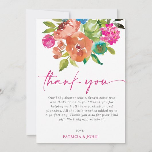 明るいベビーの開花ピンクのフローラ女の子ベビーシャワー サンキューカード (正面)