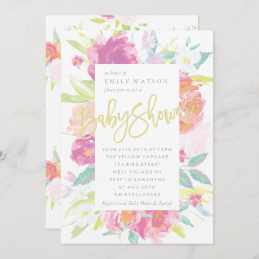 明るいベビーシャワー招待状フローラ水色 招待状 (正面/裏面)