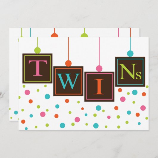 明るいベビーブロックの色ツインズベビーシャワー 招待状 (正面/裏面)