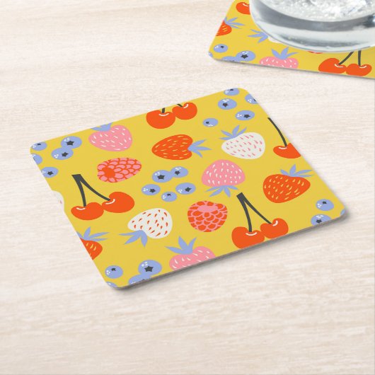 明るいベリカラフルーの果実のパターン スクエアペーパーコースター (アングル)