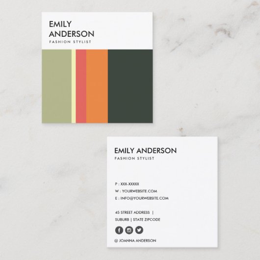 明るいベーモダンジュオはっきりしたレンジピンクのネイビーストライプ スクエア名刺 (正面/裏面)