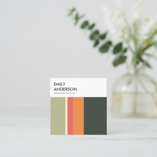 明るいベーモダンジュオはっきりしたレンジピンクのネイビーストライプ スクエア名刺 (スタンド正面)