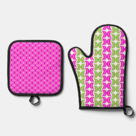 明るいホットピンクと緑の幾何学的パターン 鍋つかみ&鍋敷きセット