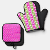 明るいホットピンクと緑の幾何学的パターン 鍋つかみ&鍋敷きセット (正面/裏面)