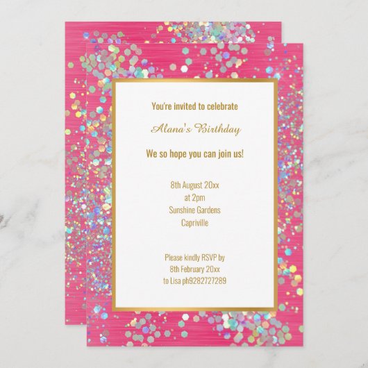 明るいホットピンクのテクスチャ加工ホログラフィックスポット 招待状 (正面/裏面)