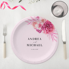 明るいホットピンクの水の色のフローラサマー結婚ズ ペーパープレート