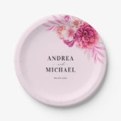 明るいホットピンクの水の色のフローラサマー結婚ズ ペーパープレート (正面)