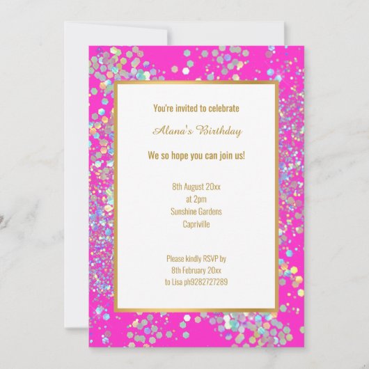 明るいホットピンクの白色ホログラフィックスポット 招待状 (正面)