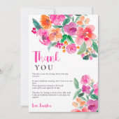 明るいホットピンクの秋フローラスクリプトブライダルシャワー サンキューカード (正面)