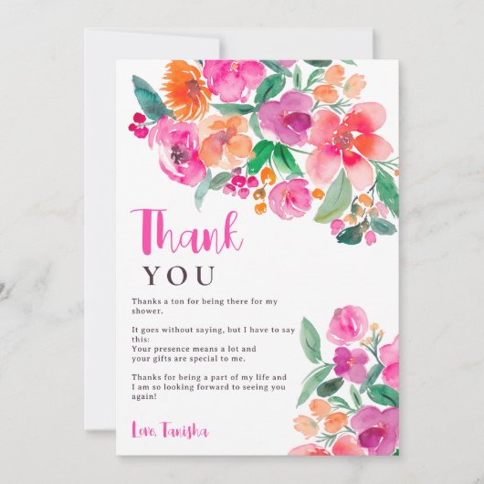 明るいホットピンクの秋フローラスクリプトブライダルシャワー サンキューカード (正面)