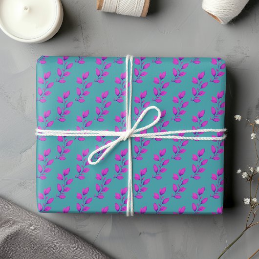 明るいホットピンク&ターコイズ水彩植物体 ラッピングペーパーシート
