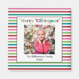 明るいホリデークリスマスのストライプフォトテンプレート マグネット