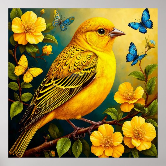 明るいホームにぴったりなイエローバードの花の芸術 ポスター (正面)