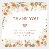 明るいボヘミアン様式のテラコッタ柄フラワーブーケ 結婚式のお礼 スクエアシール (正面)