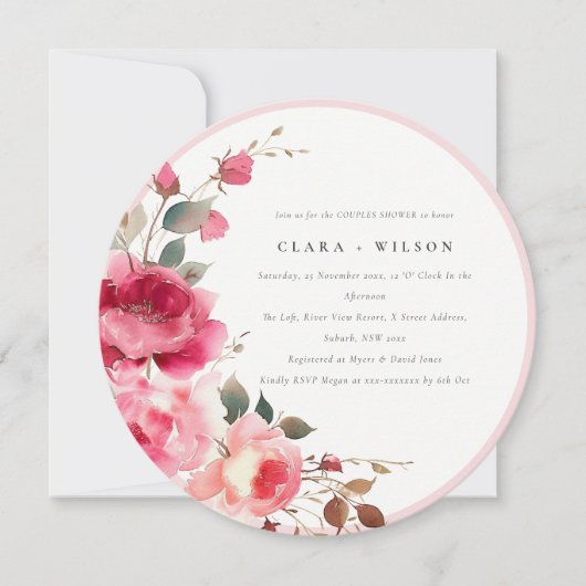明るいボホレッドピンクのバラの花カップルのシャワー 招待状 (正面)