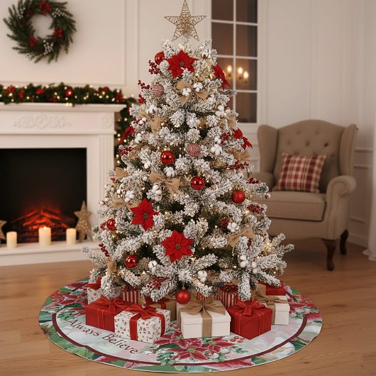 明るいポインセチアとホリーカスタムクリスマス ブラッシュドポリエステルツリースカート