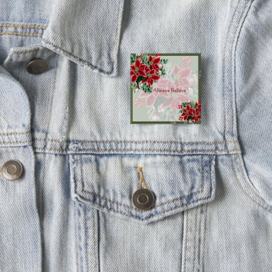 明るいポインセチアとホリーカスタムクリスマス 缶バッジ (インサイチュ)