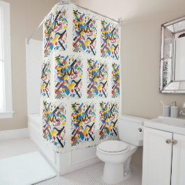 明るいミッドセンチュリーモダングラフィティレッドイエローブルー シャワーカーテン