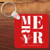 明るいミニマル赤エレガント白いメリークリスマス キーホルダー (正面)