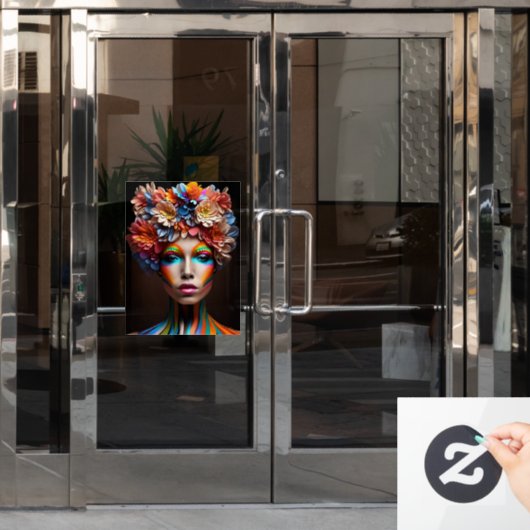 明るいメイクと花の冠を持つ女性 ウィンドウサイン (オフィスドア)