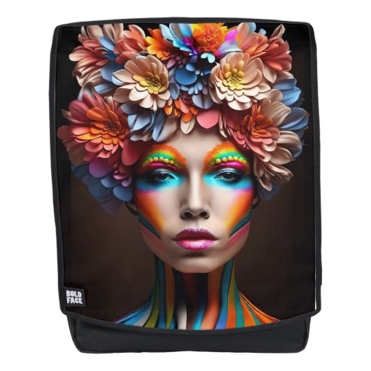 明るいメイクと花の冠を持つ女性 バックパック (正面)