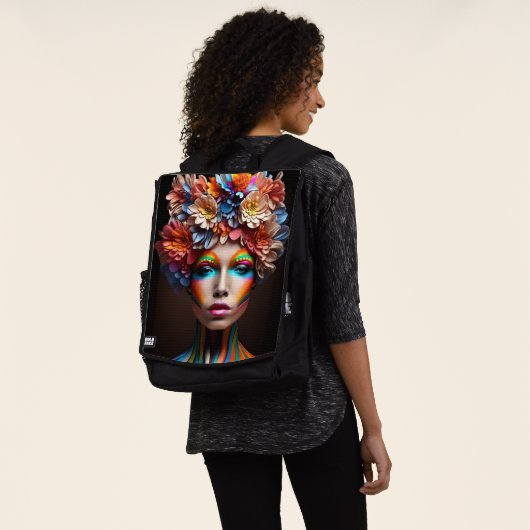 明るいメイクと花の冠を持つ女性 バックパック (着用)