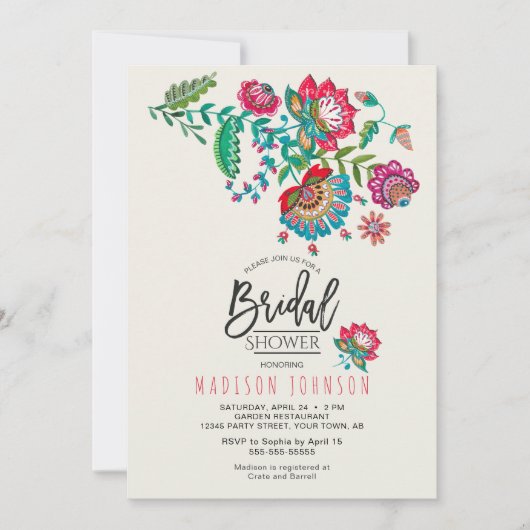 明るいメキシカンレッド&ターコイズフォークアートフローラ 招待状 (正面)