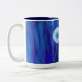 明るいメッセージを添えた、美しい青いタンポポ ツートーンマグカップ (左)