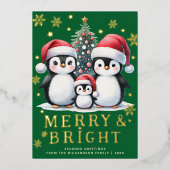 明るいメリーおもしろいペンギングリーンレッド金ゴールドクリスマス 箔シーズンカード (正面)