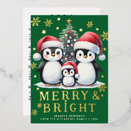 明るいメリーおもしろいペンギングリーンレッド金ゴールドクリスマス 箔シーズンカード