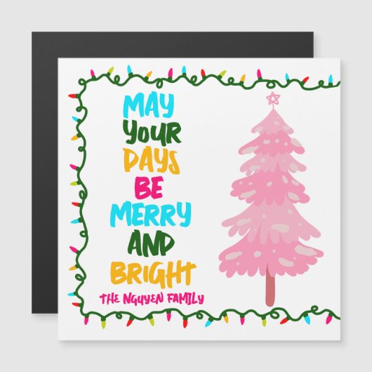 明るいメリーかわいいピンクのクリスマスツリーのマグネットカード (正面/裏面)