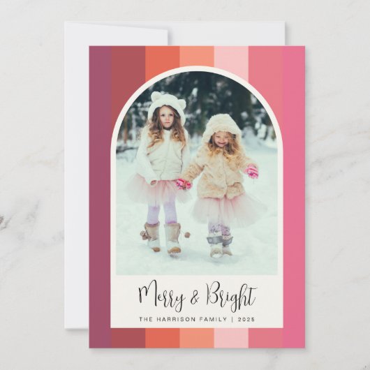 明るいメリーアーチ写真ピンクのオレンジ色のクリスマス シーズンカード (正面)
