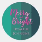 明るいメリークリスマスの家族の名前は緑のピンク ラウンドシール (正面)