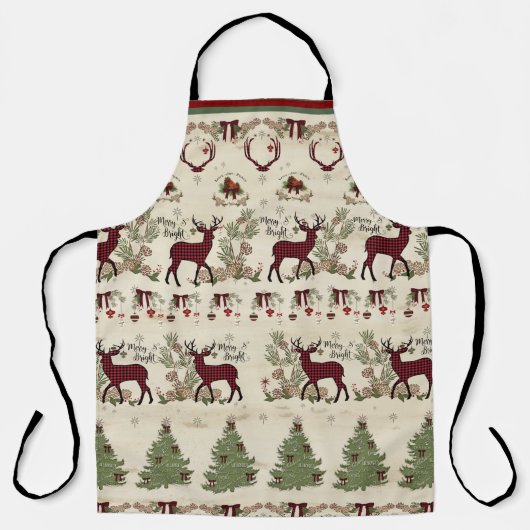 明るいメリークリスマスの松の木の鹿の素朴木 エプロン (正面)