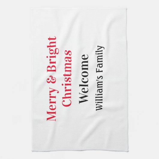 明るいメリークリスマスは家族の名前を歓迎の喜びを追加 キッチンタオル (縦)