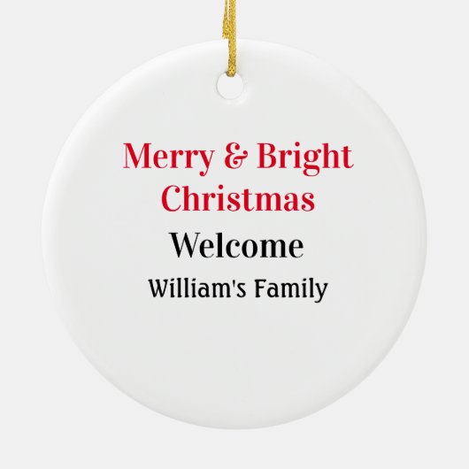 明るいメリークリスマスは家族の名前を歓迎の喜びを追加 セラミックオーナメント (裏面)